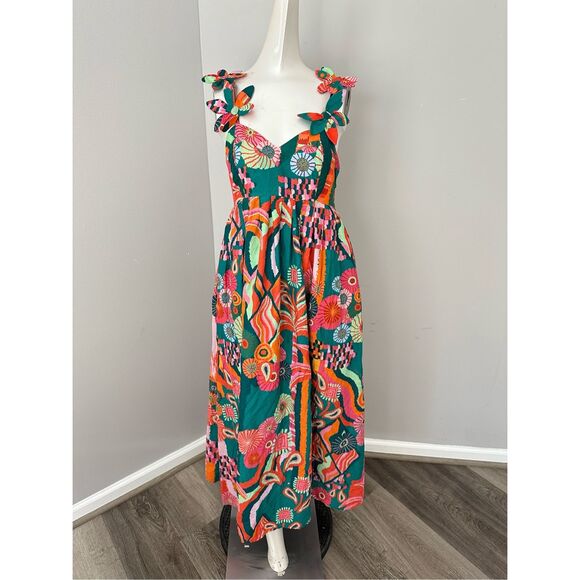 NWT Farm Rio X Anthropologie Pleated Palm Floral Midi Dress Multicolor $238 - Picture 5 of 11